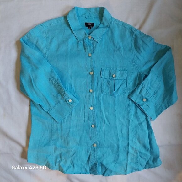 Talbots Pure Irish Linen Turquoise Button-Front Shirt L Made In Indonesia - Picture 2 of 5